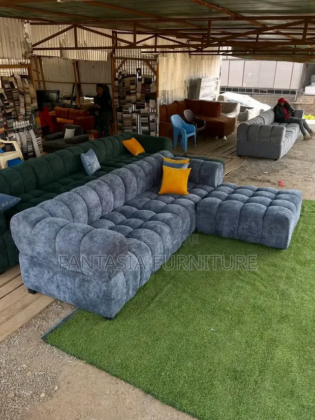 5 Seater Blue L-Shaped Bubble Sofa - 1