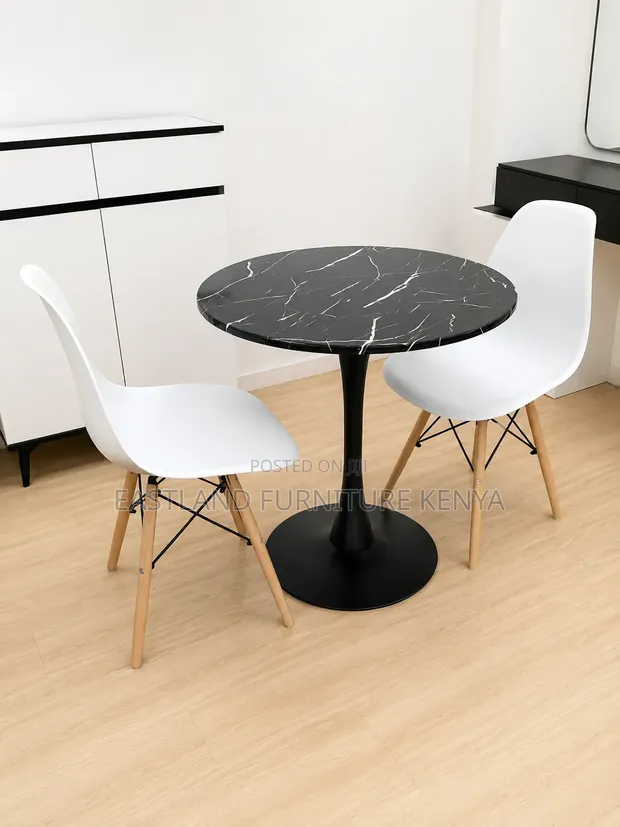 Modern White Marble-Effect Dining Table with Geometric Metal Legs - 1