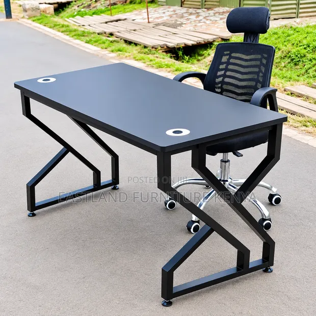 Premium Black Z-Frame Office Desk with Ergonomic Mesh Chair - 1