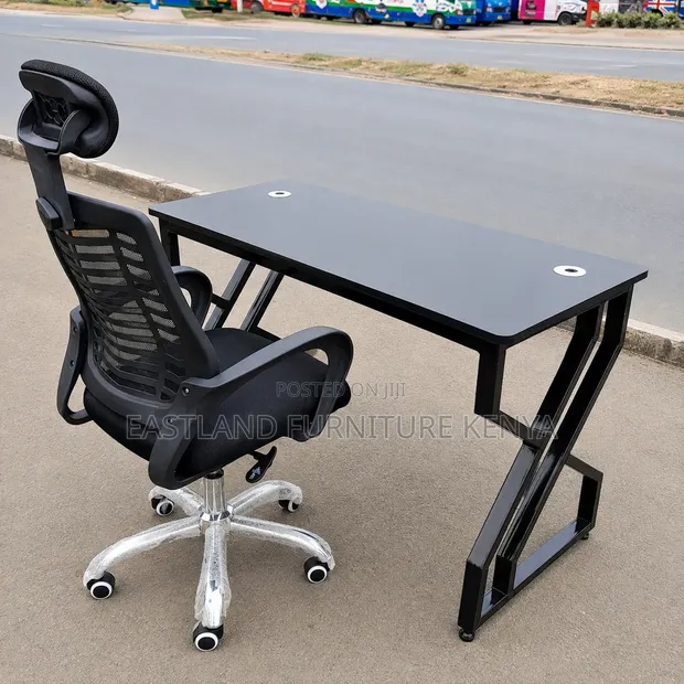 Premium Black Geometric Z-Frame Office Desk with Ergonomic Mesh Chair - 1