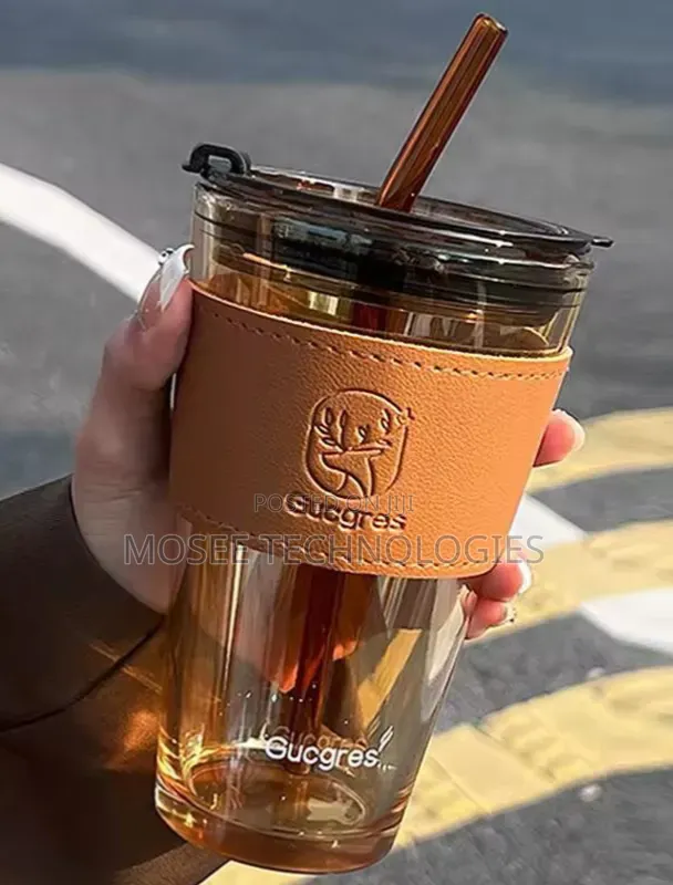 Glass Cup with Cover, Straw & Leather Sleeve - 1