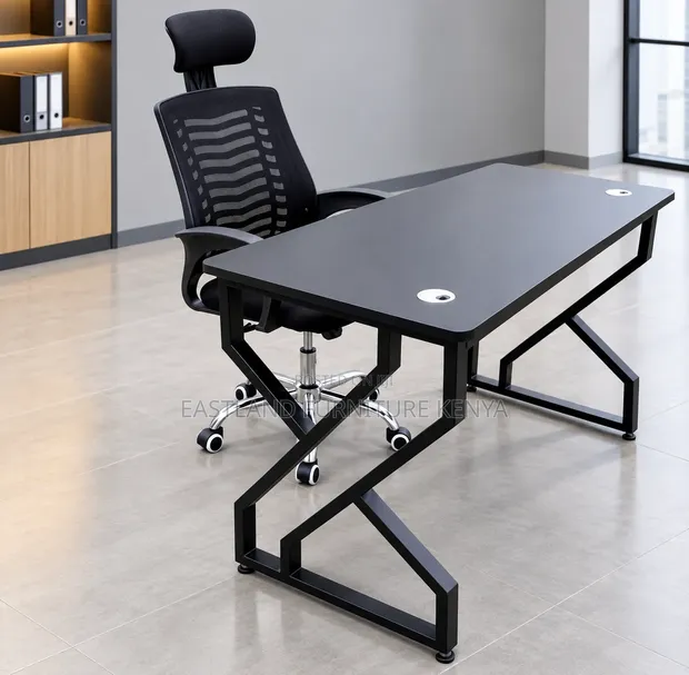Modern Black Office Desk with Ergonomic Mesh Chair - 1