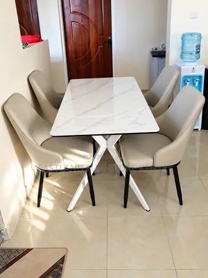 4-Seater Marble Dining Set with Cream Upholstered Chairs