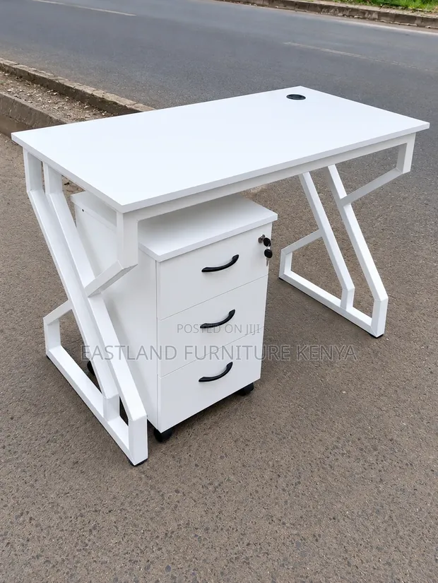 Modern White Office Desk with 3-Drawer Pedestal - 1