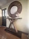 Rustic Designer Console Table with Large Round Mirror - 1