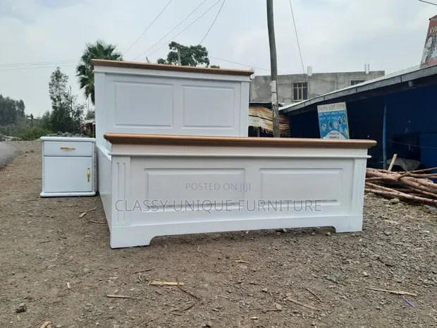 White Queen Bed with Bedside Cabinet - 1