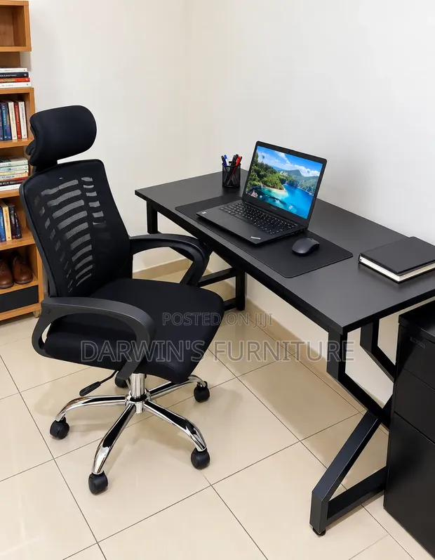 Metallic Table and Adjustable Mesh Headrest Chair - Black - 1