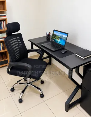 Metallic Table and Adjustable Mesh Headrest Chair - Black