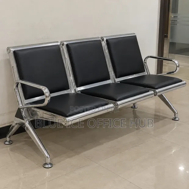 3 Seater Black Leather Office Reception Bench - 1