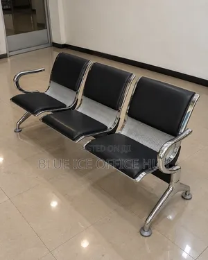3 Seater Metallic Waiting Bench - Black Leather Office Reception Seats