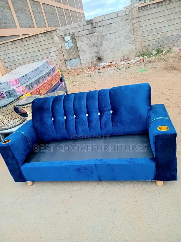 Ideal 3 Seater Blue Sofa with Cup Holders - 1