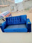 Ideal 3 Seater Blue Sofa with Cup Holders - 1