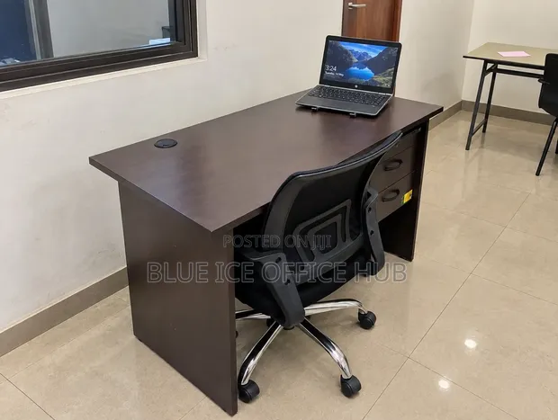 Gray Office Desk with Drawers and Chair - 1