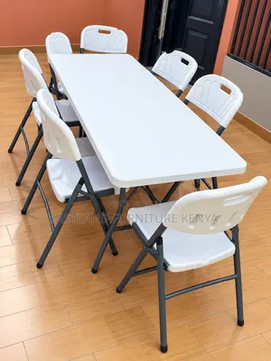 Seti ya Jedwali la Kisasa Nyeupe na Viti 6 vya Kukunja