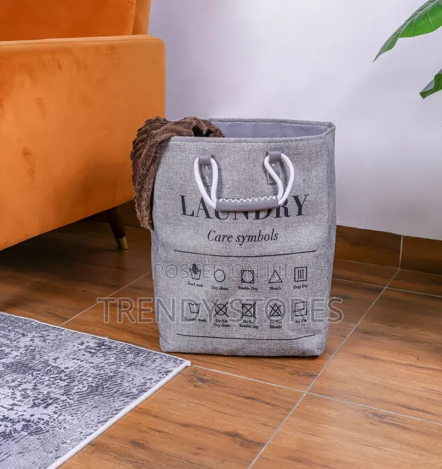 Washable Collapsible Laundry Bin with Leather Handles - 1