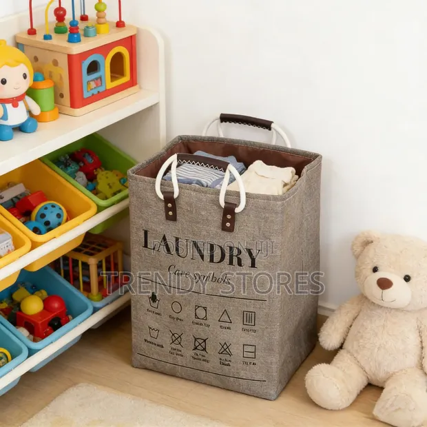 Collapsible Laundry Bin with Leather Handles - 1