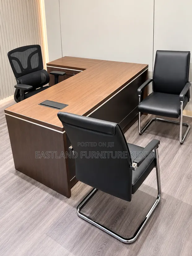 Modern L-Shaped Executive Office Desk with 3 Visitor Chairs - 1