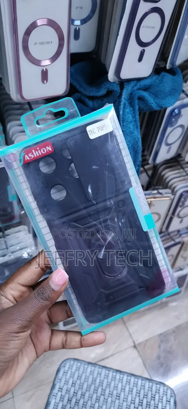 Rugged Black Case with Ring Stand & Lens Cover for Tecno Pop 8 - 1