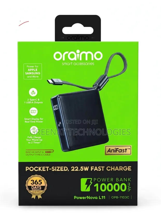 Oraimo PowerNova L11 10000mAh 22.5W Power Bank with Built-in Cable - 1