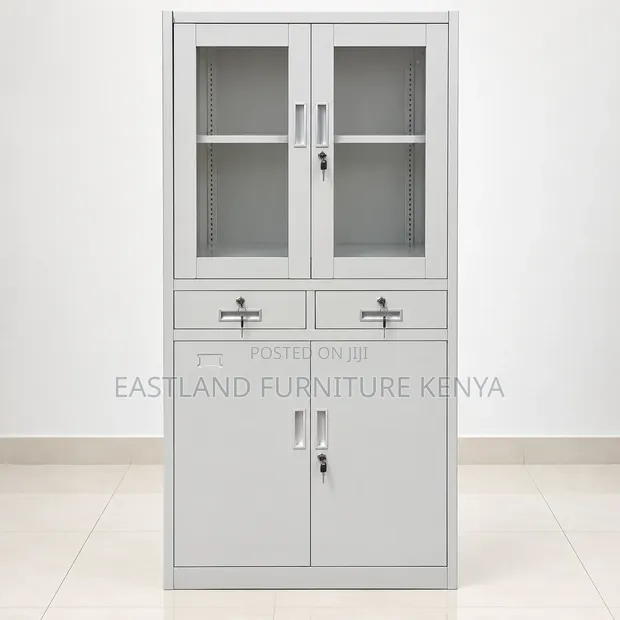 Premium Steel Office Cabinet with Glass Doors & Lockable Drawers - 1