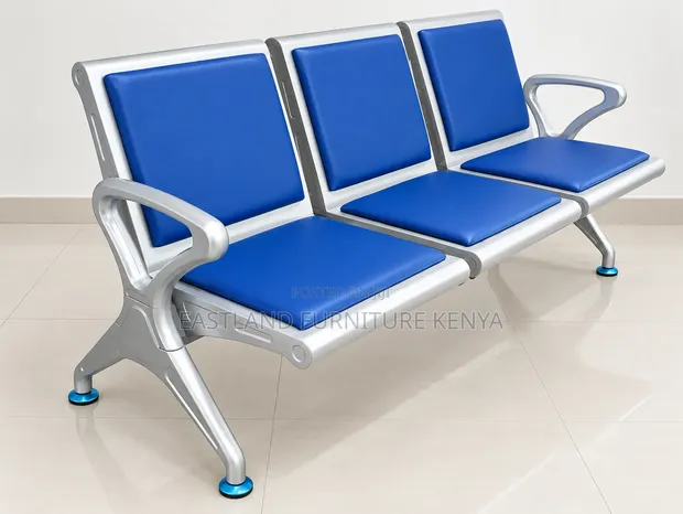 Modern 3-Seater Blue Waiting Bench with Silver Metal Frame - 1