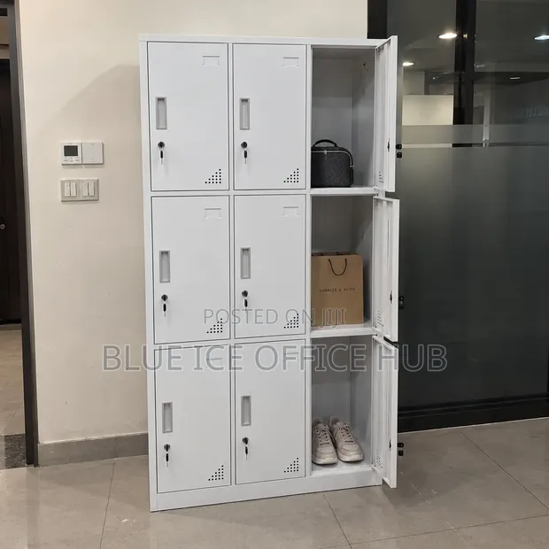 6 Door Metallic Locker Cabinet - White Steel Storage - 1