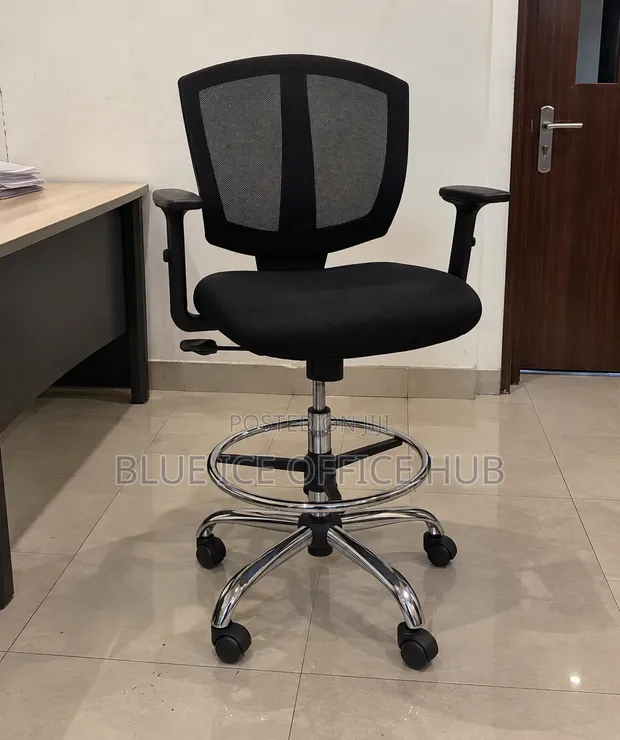 Black Mesh Drafting Chair with Footrest - Adjustable Office Chair - 1