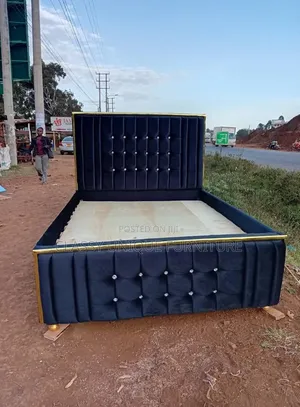 Navy Blue Velvet Queen Bed with Gold Trim