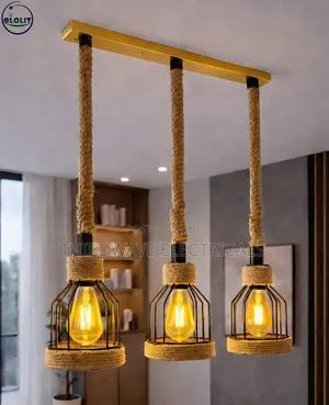 3-Mwanga Linear Pendant Fixture na Kamba za Hemp & Magereza ya Metal