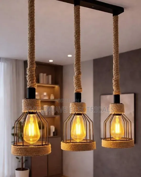 3-Light Linear Pendant Fixture with Hemp Rope & Wire Cages - 1