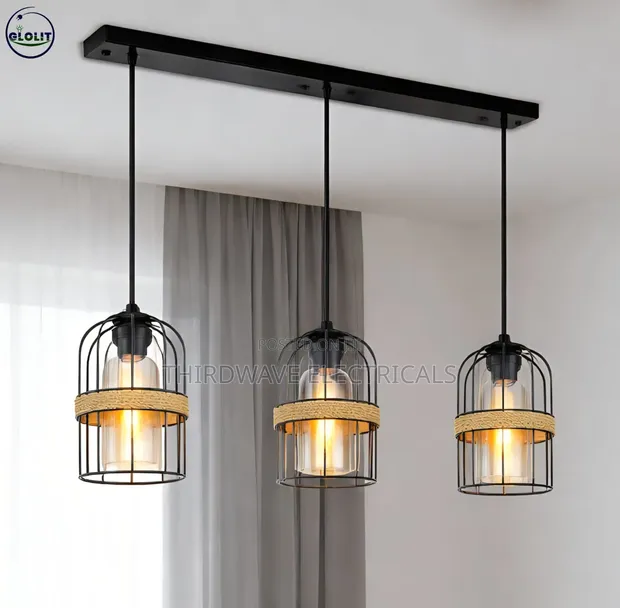 3-Light Black Metal Cage & Rope Pendant Light Fixture - 1