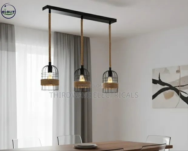 3-Light Vintage Industrial Hemp Rope Birdcage Chandelier - 1
