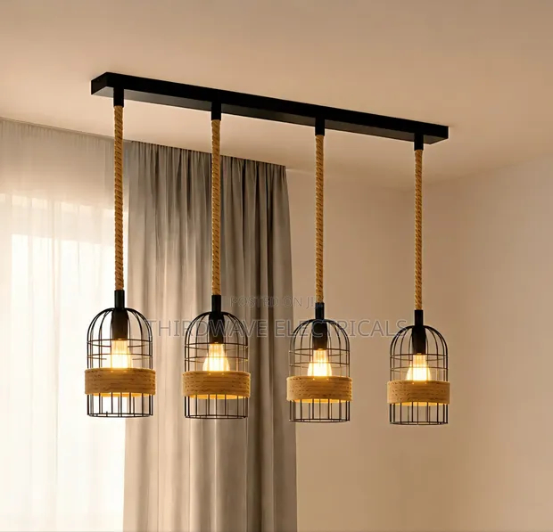New Vintage Industrial Hemp Rope Pendant Chandelier Light - 1
