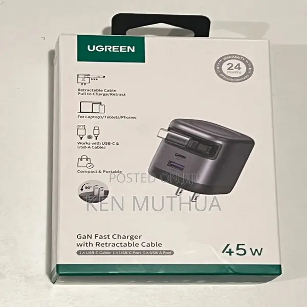UGREEN X614 45W Fast Charger with 2 USB-C & 1 USB-A, Retractable Cable - 1