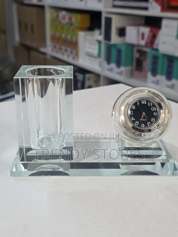 Crystal Glass Desk Clock & Pen Holder Set - 1