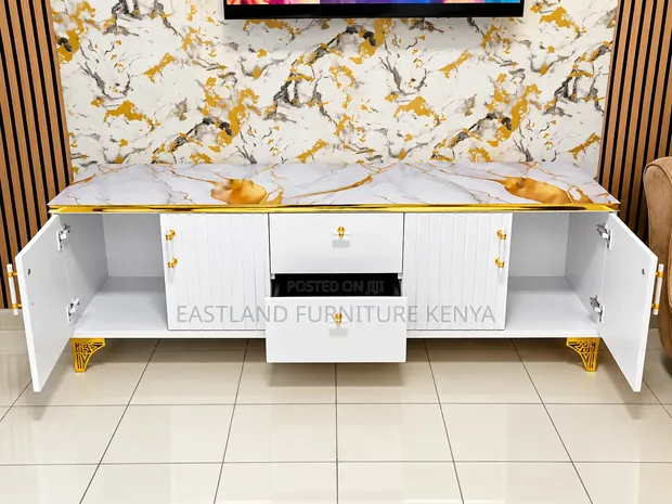 Luxury White & Gold Marble Effect TV Stand with Storage - 1