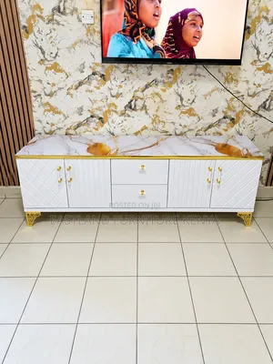 Luxury White & Gold Marble Effect TV Stand with 4 Cabinets