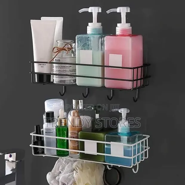Punch-Free Bathroom Shelf Organizer with Hooks - 1