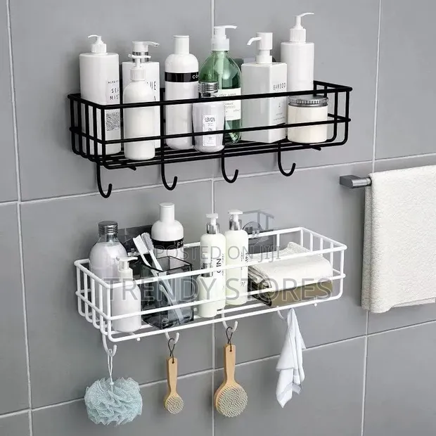 Punch-Free Bathroom Shelf Rack Organizer with Hooks - 1