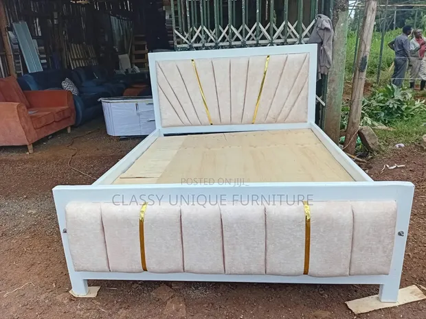 White Wooden Bed 5x6 with Gold Trim - 1