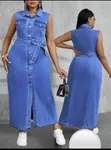 Sleeveless Denim Maxi Dress with Front Slit - 1