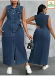 Sleeveless Denim Maxi Dress with Front Slit - 3