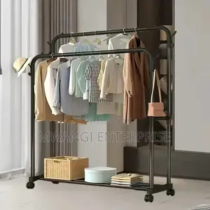 Double Pole Clothing Rack na Wheels & Shelf