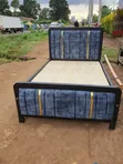 Queen Size Bed Frame - Grey Velvet & Gold Trim - 1