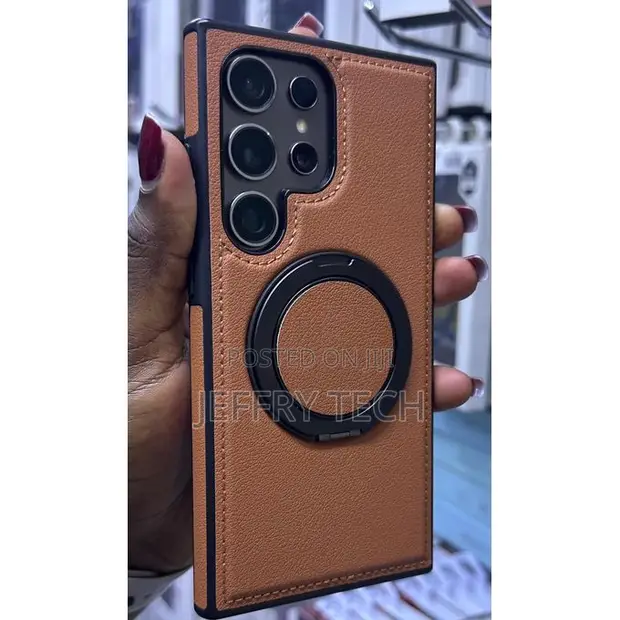 Kifaa cha Ngozi kwa Samsung S24 Ultra chenye Chaja Isiyo na Waya na Pete ya Kusimama - 1