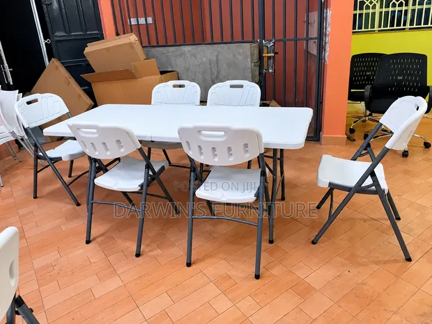 Modern White Folding Table and 6 Chairs Set - 1