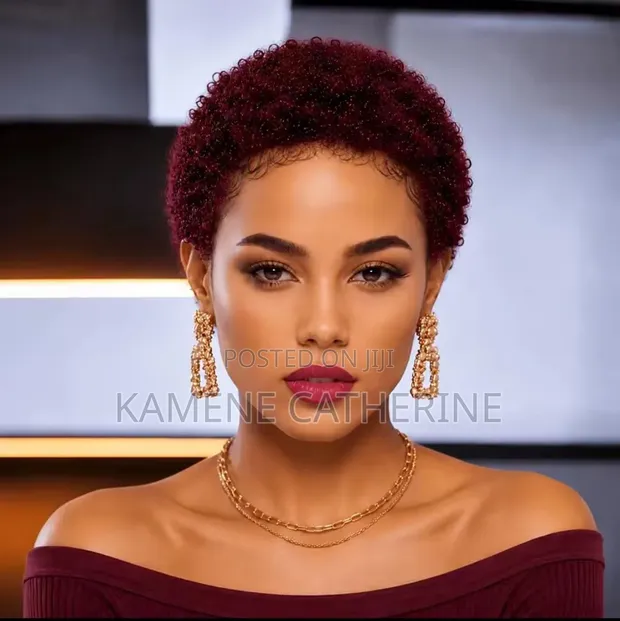 Short Water Curl Human Wig - Burgundy - 1