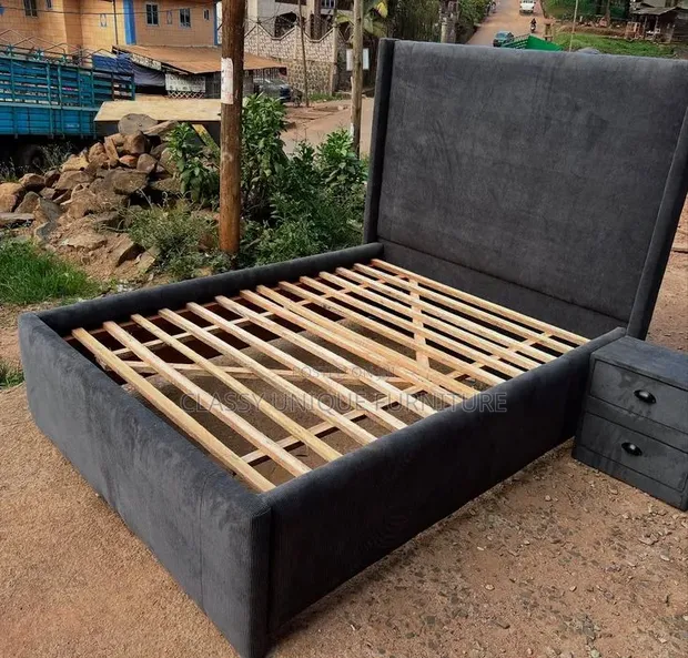 Charcoal Grey Queen Bed Frame with Winged Headboard - 1