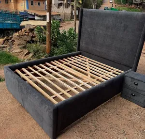 Charcoal Grey Queen Bed Frame with Winged Headboard