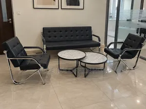 Black Leather Office Sofa Set with Coffee Tables - Reception Furniture